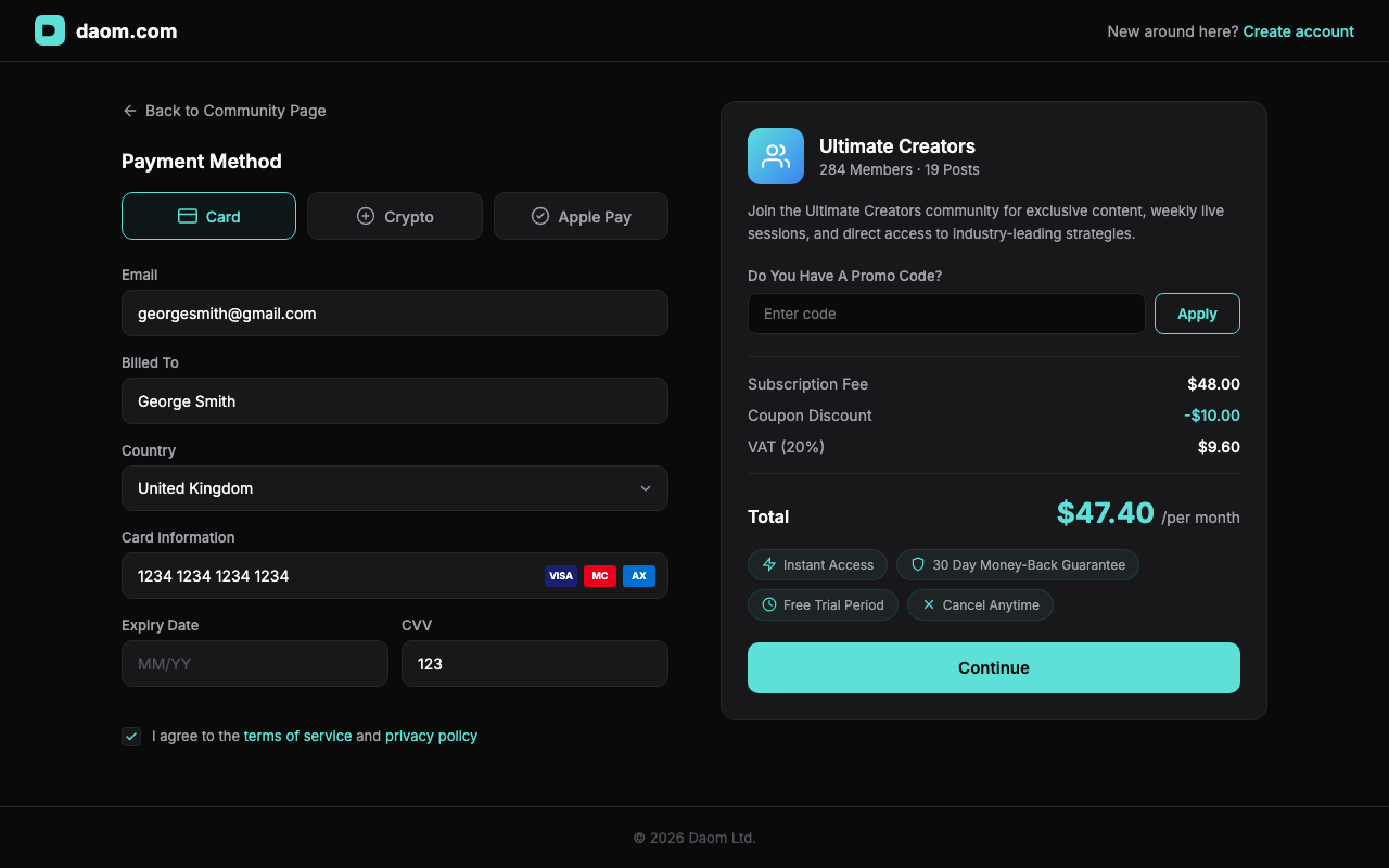 Daom built-in checkout with payment processing for courses and memberships
