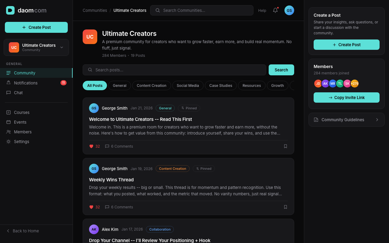 Daom community feed with discussions, leaderboard, and member profiles