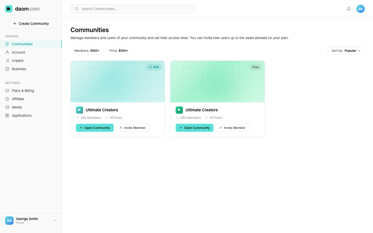 Daom Platform — Desktop view at 1440px